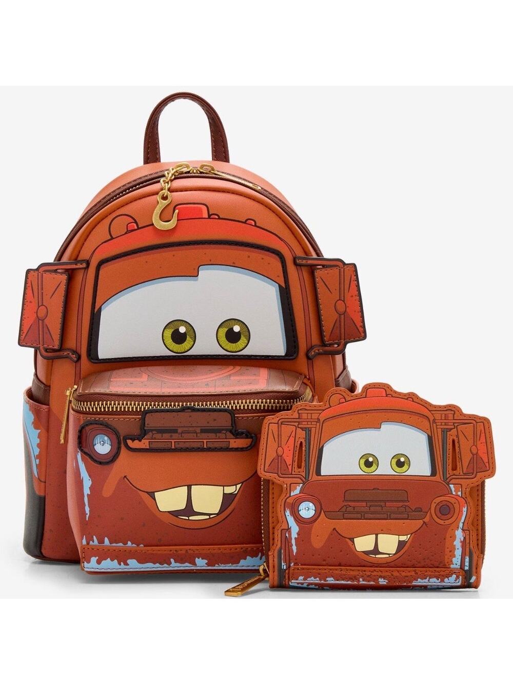 Loungefly Disney Pixar Cars Figural MATER Light-Up Backpack and GITD Wallet NWT